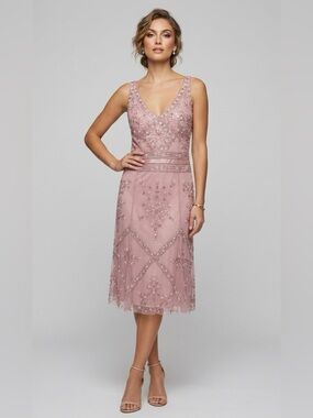 Reem Acra Dress Sequined Beaded Silk Tulle Vintage Romantic Pink Size Small